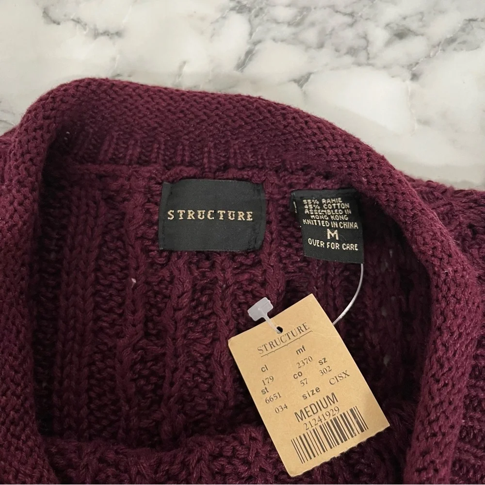 Vintage Y2K Structure Rolled Neck Cable Knit  Fisherman Sweater Maroon Men’s M